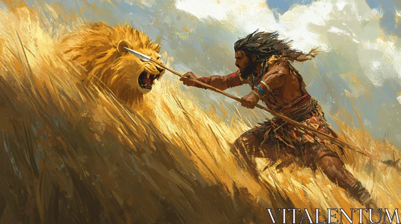 AI ART Warrior Confronting Lion with Spear