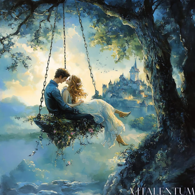 AI ART Lovers' Embrace on a Swing