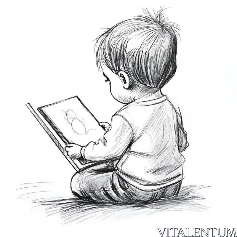 Pencil Sketch: Child Reading a Book AI Image