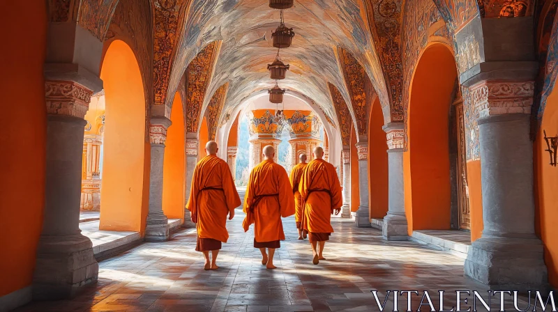 Monks Walking in Temple Hallway AI Image