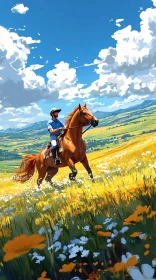 Horse and Rider Amidst Wildflowers