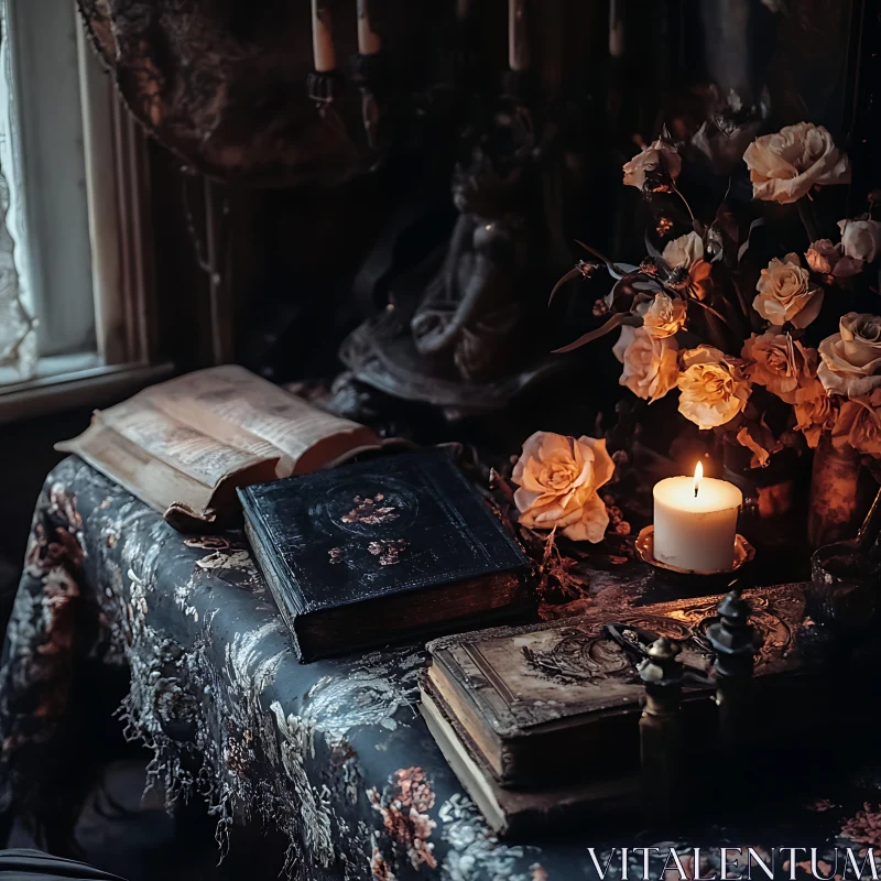 AI ART Antique Books with Candlelight and Roses