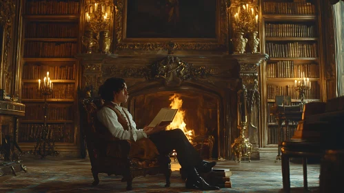 Man Reading in Ornate Library