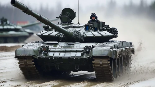 Olive-Green Tank Advancing on a Muddy Field