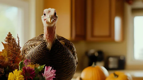 Festive Turkey Among Flowers and Pumpkins