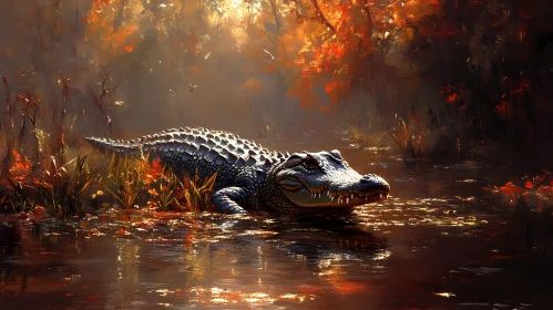 Serene Alligator in Autumn Setting