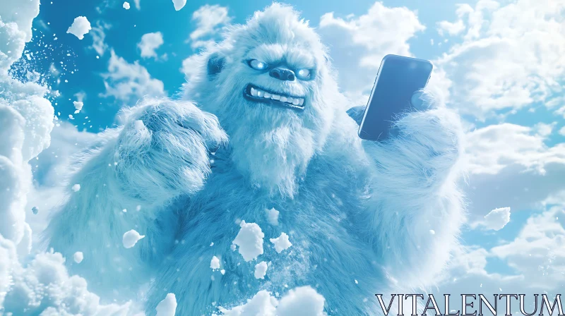 AI ART Abominable Snowman Using Mobile Phone