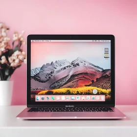 Sleek Laptop on Desk with Mountain Landscape