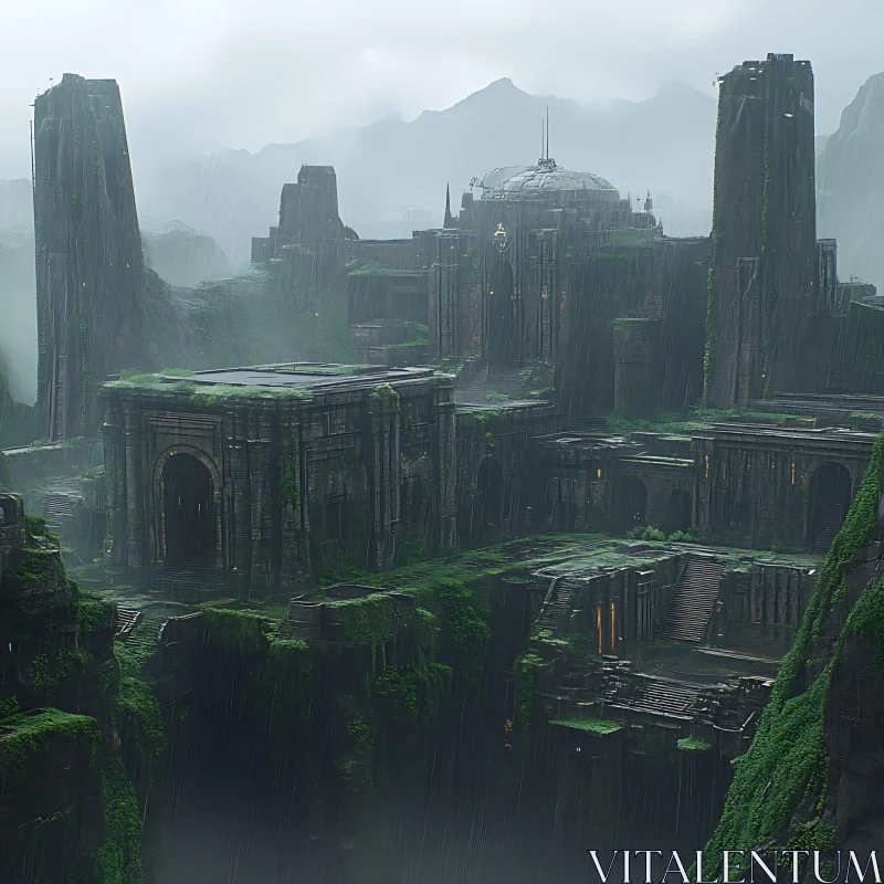 Moss-Covered Ruins in Misty Landscape AI Image