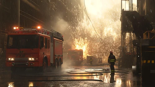 Industrial Fire Scene with Firefighters During Rain