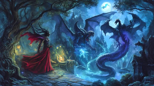 Moonlit Dragons and Figure in Red