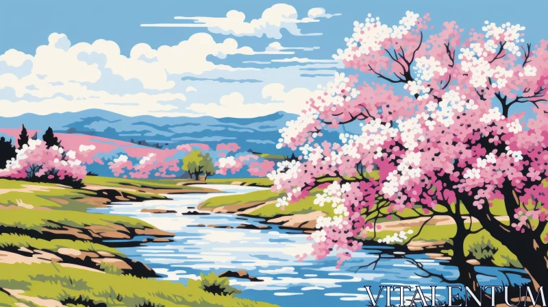 Blooming Cherry Blossoms by a Stream - A Cartoonish Landscape Artwork AI Image