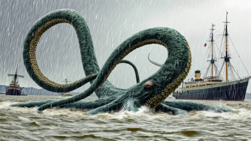 Captivating Digital Painting of a Giant Octopus Attacking a Ship