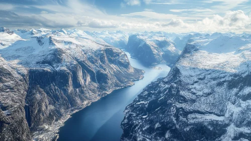 Snow-Covered Mountain Range and Fjord