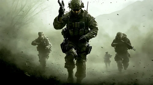 Military Squad Advancing Through Battlefield