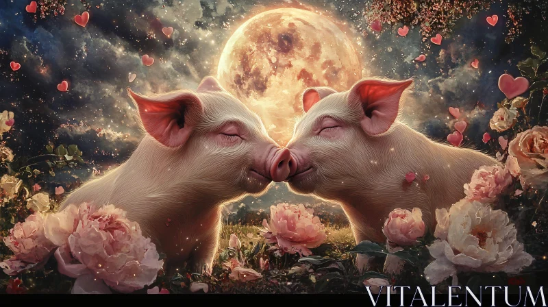 Pigs in Love Under the Moon AI Image