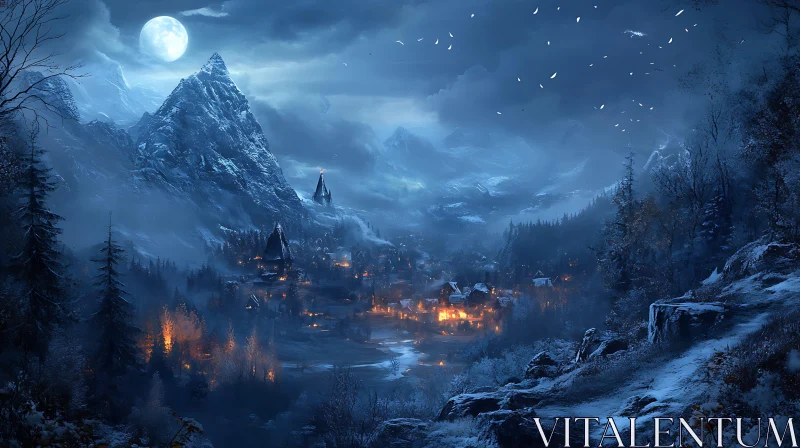 AI ART Snowy Mountain Village at Night