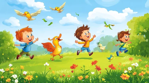 Kids Playing with Birds in a Meadow