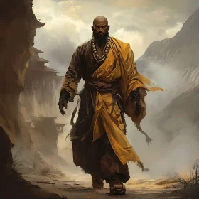 Stoic Monk in Mountainous Vista