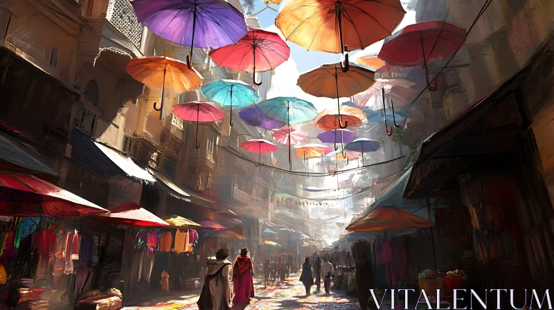 Umbrella Canopy Over Bustling City Market AI Image