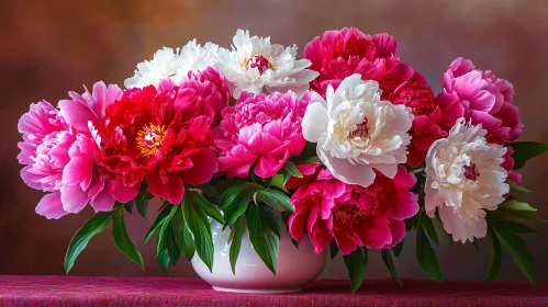 Colorful Peony Flowers in White Vase