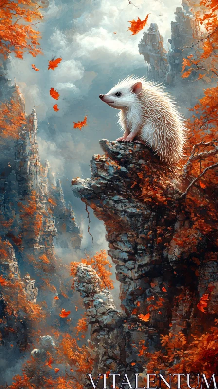 Nature Scene with Hedgehog and Rocky Heights AI Image