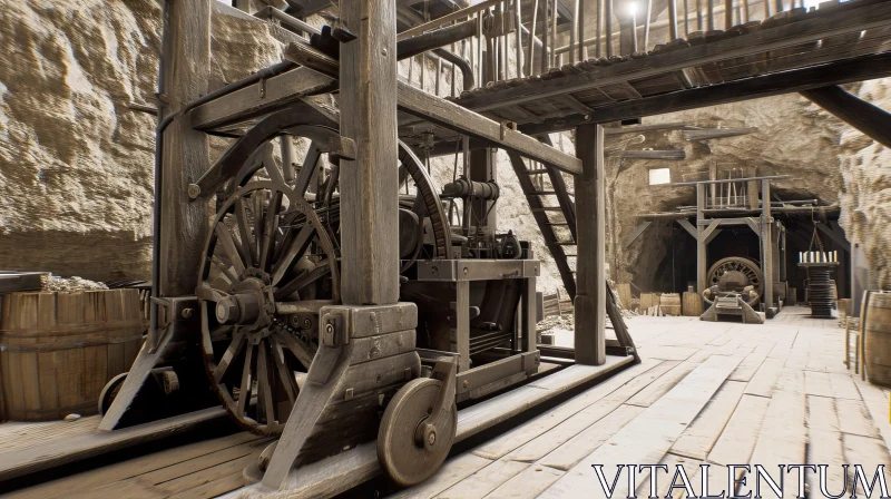 Historical Mining Site with Wooden Wheel and Waterwheel AI Image