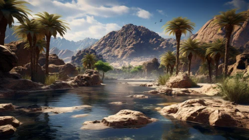 Idyllic Desert River Scene with Atmospheric Effects