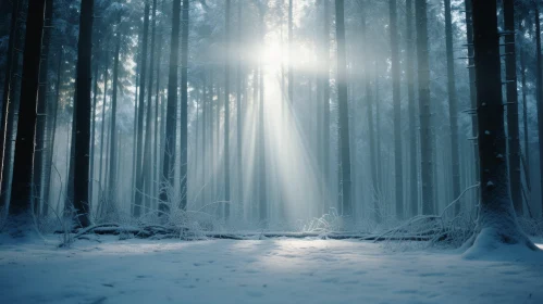Sunlit Snow-Covered Forest: A Winter Wonderland
