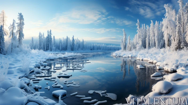 Sunlit Snowy Landscape: A Panoramic Winter Wonderland AI Image