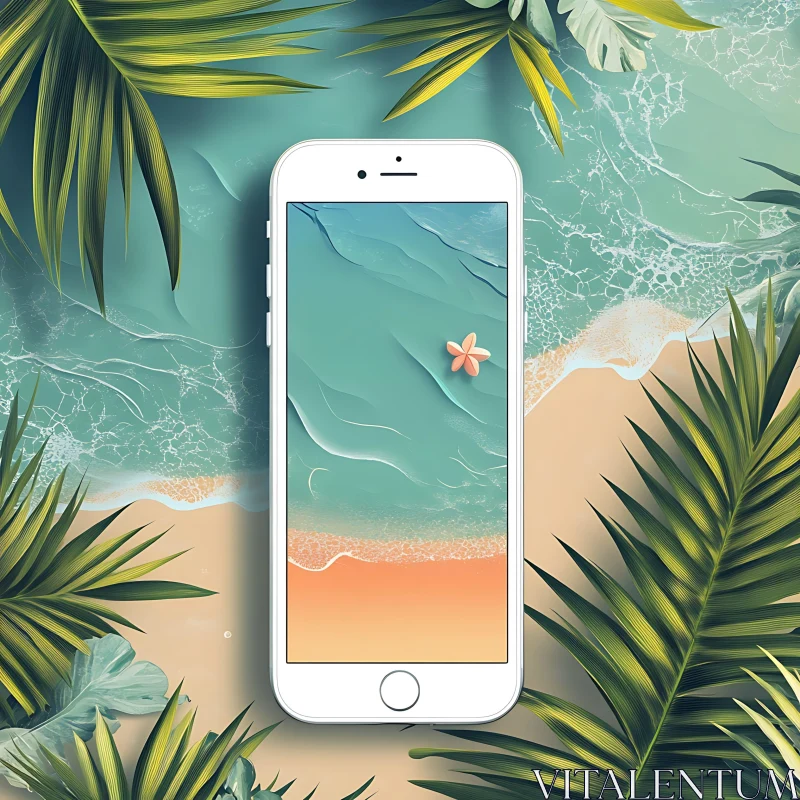 Tropical Beach Scene on Mobile Device AI Image