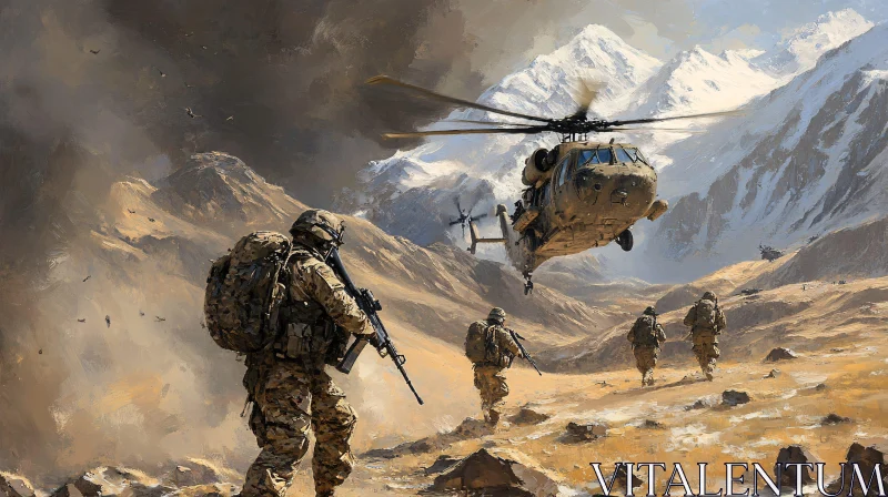 AI ART Soldiers and Helicopter in Mountainous Terrain