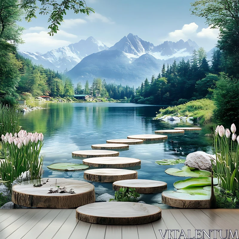 Serene Lake Pathway with Mountain Background AI Image