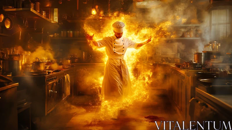 Fiery Kitchen Scene with Chef AI Image