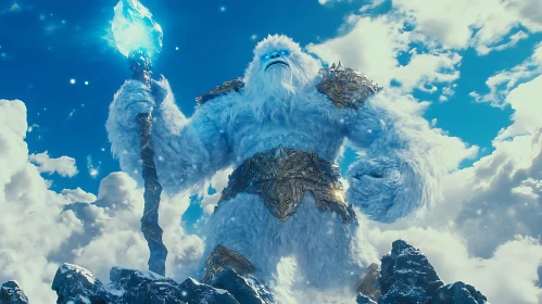 Majestic Armored Yeti in Cloudy Sky