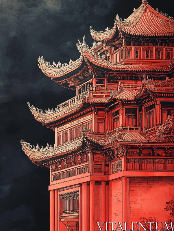 Red Asian Temple under Dark Sky AI Image