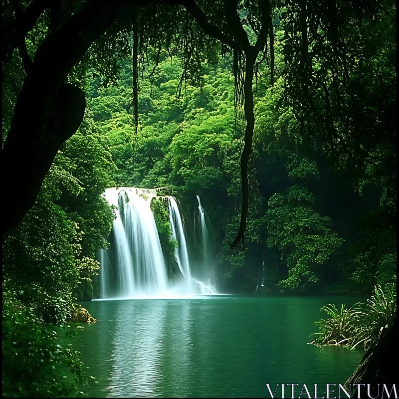 Serene Waterfall in Dense Forest AI Image