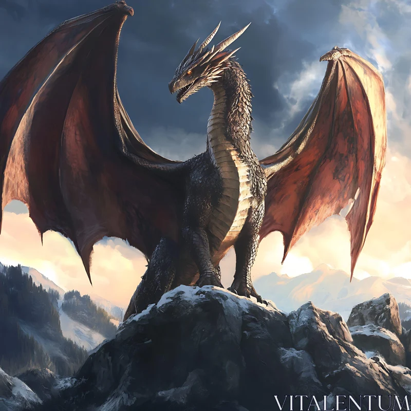 AI ART Winged Serpent Overlooking Snowy Peaks