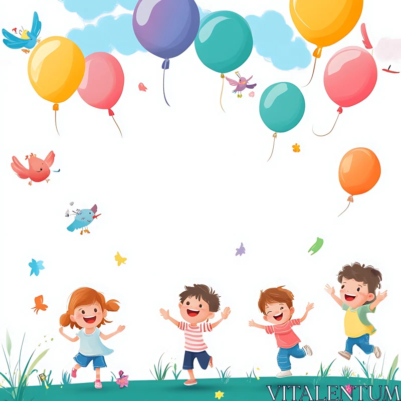 AI ART Happy Children with Balloons Cartoon Art