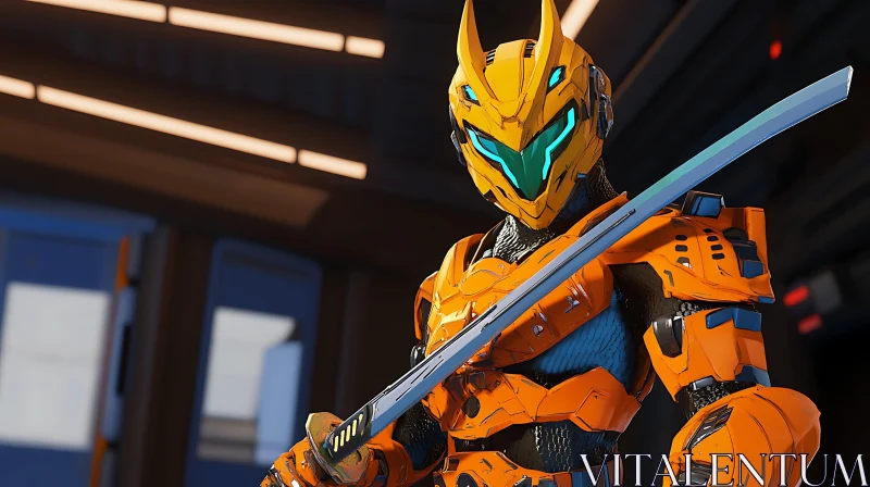 Orange Armored Cyborg with Sword AI Image