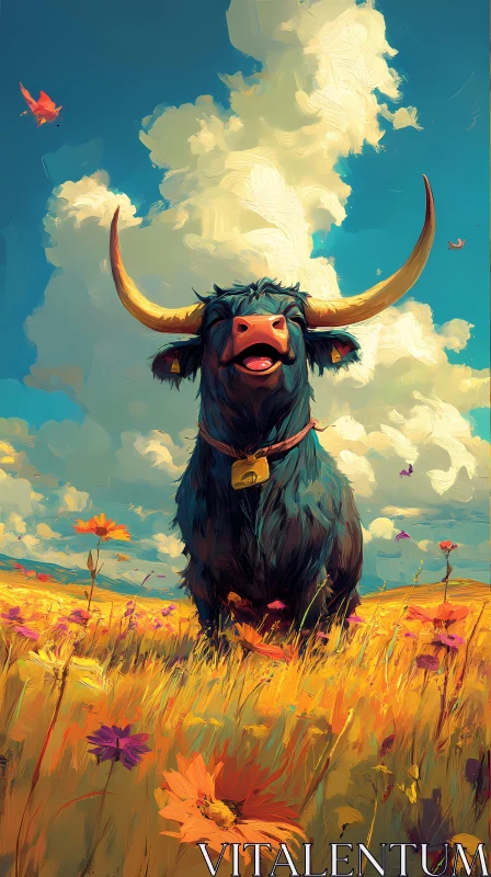 Colorful Bull in Meadowscape AI Image