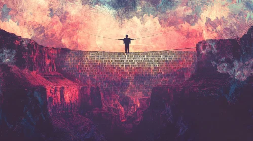 Figure on Tightrope Over Text Cliffs
