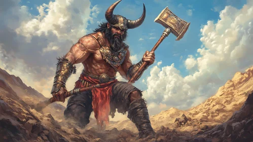 Horned Warrior in Barren Landscape