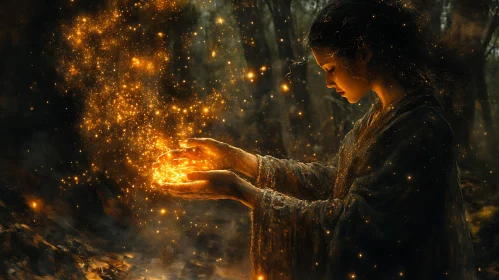 Mystical Woman Holding Light in Forest