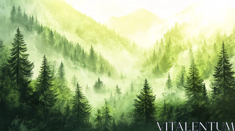 Morning Mist in a Mountain Forest AI Image