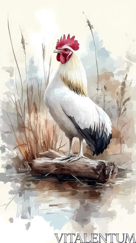 Watercolor Rooster on a Log AI Image