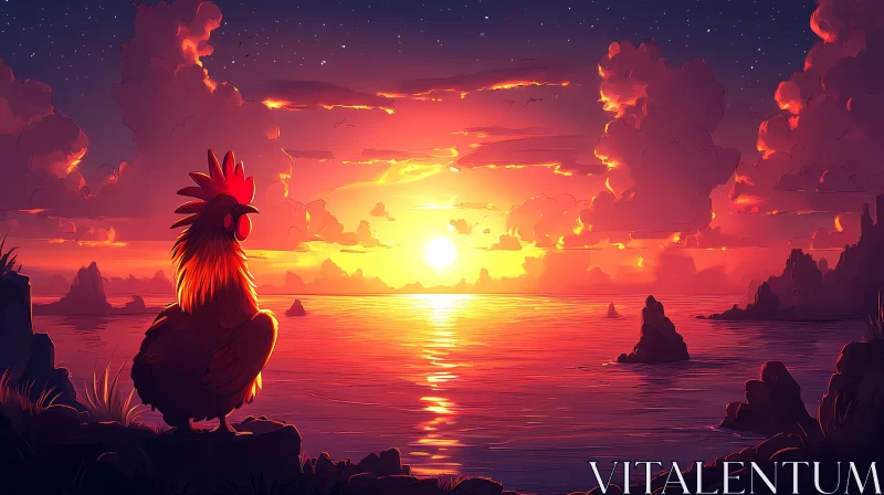 Serene Sunset with Rooster and Sea AI Image