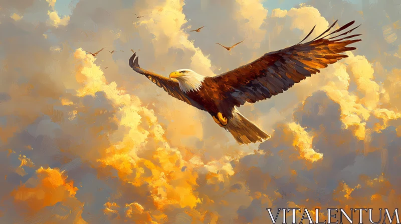 Eagle in Flight Amidst Golden Clouds AI Image