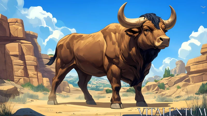 Desert Bull with Rocky Backdrop AI Image