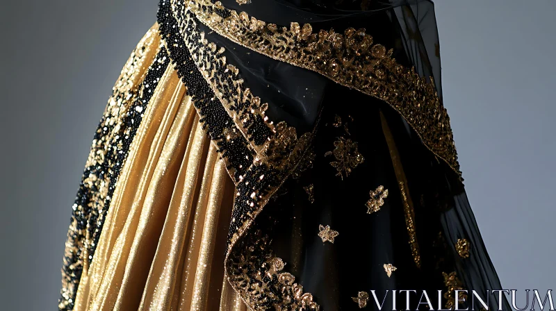 Luxurious Golden Fabric with Black Embroidery AI Image